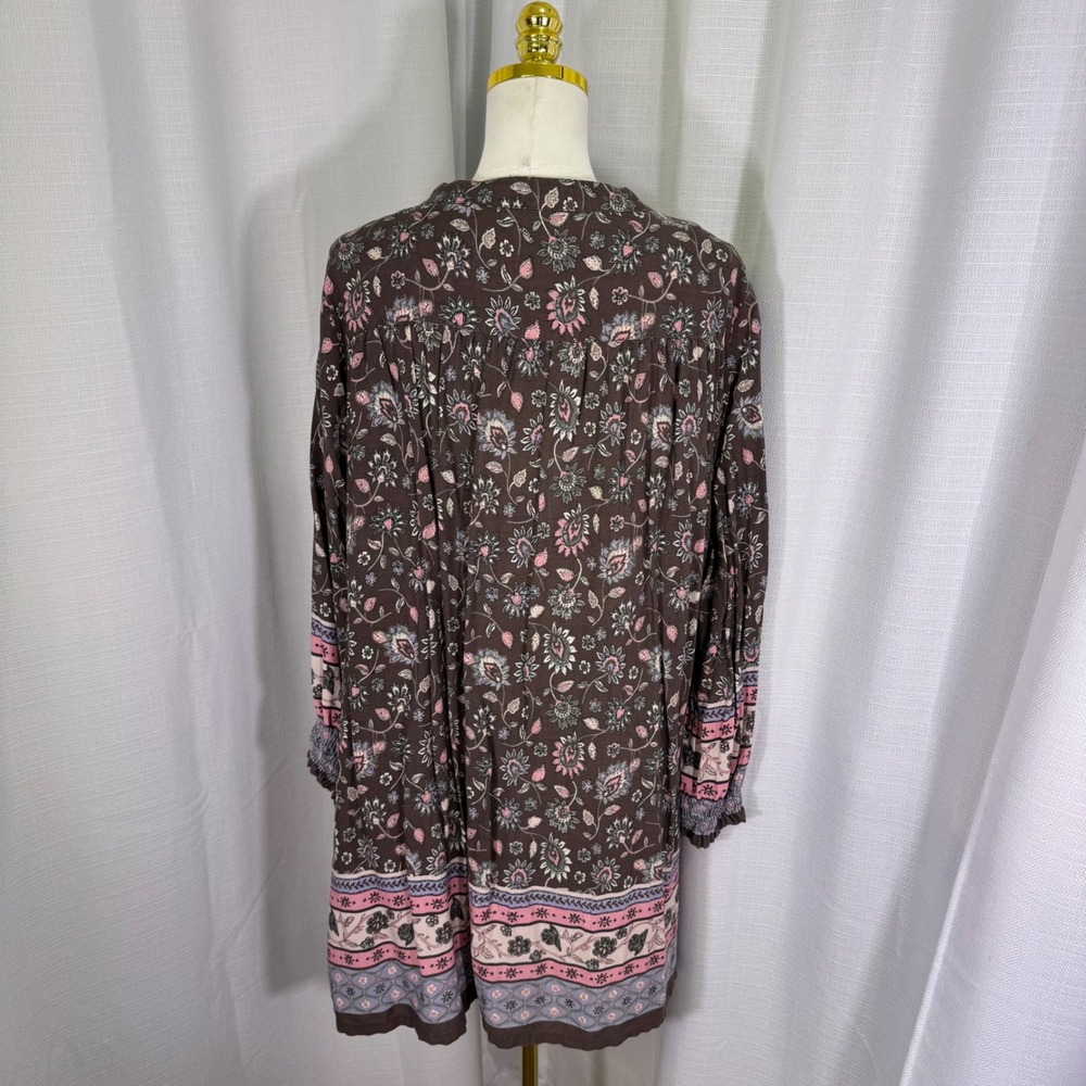 Natural Life Floral Paisley Boho Mini Dress Womens Large Brown Rayon Tie Neck - Picture 2 of 10